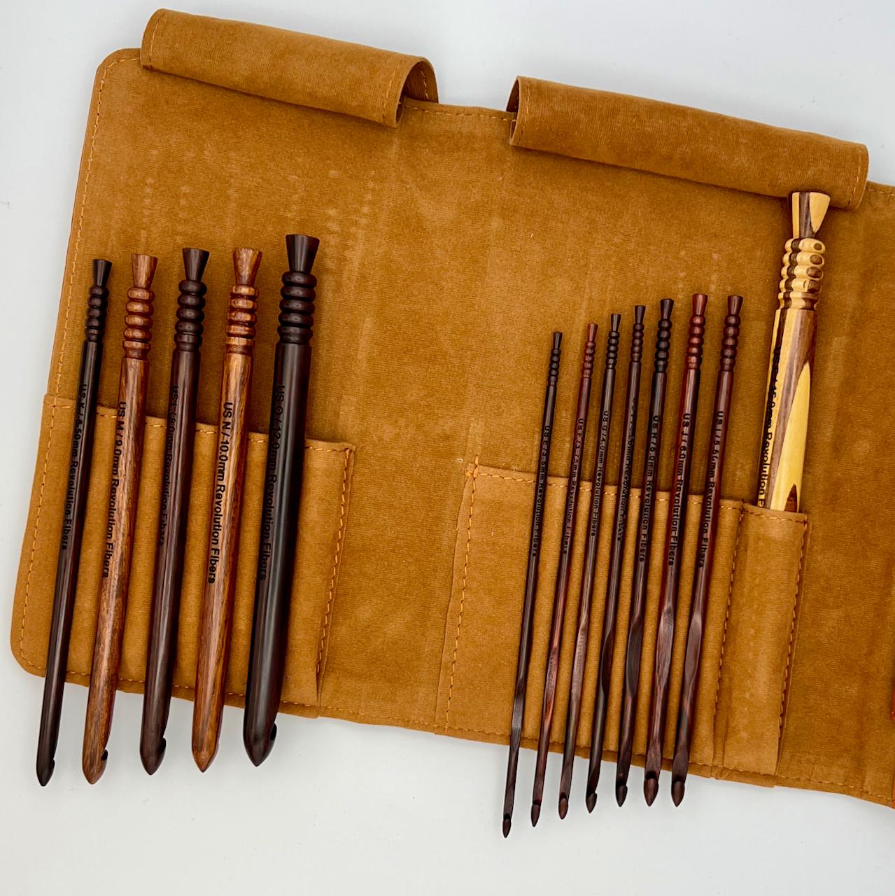 Premium Rosewood Crochet Hooks Set with Leather Carrying Case | 13
