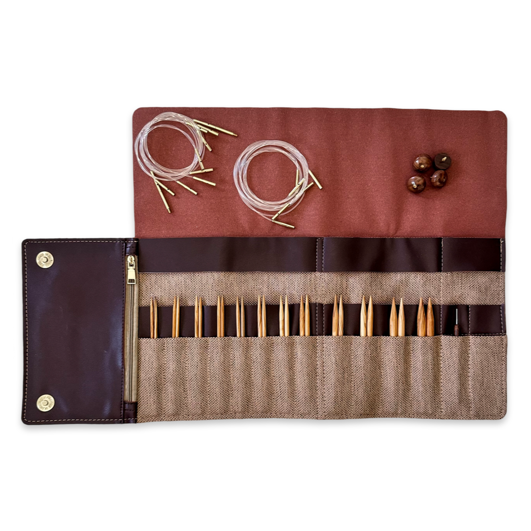Premium 5 Inch Olive Wood Interchangeable Circular Knitting Needle Set | Leather Case (29 Piece Set)