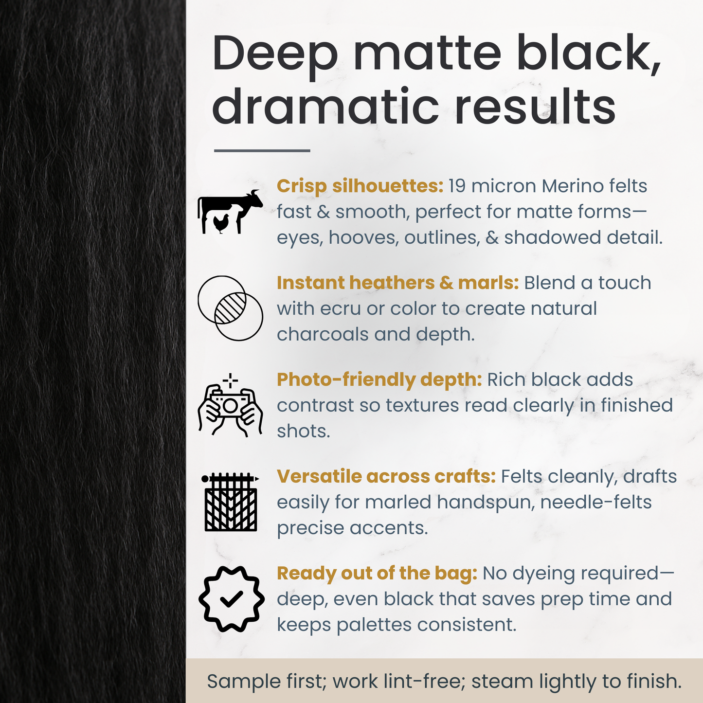 Black Merino Wool Carded Sliver | 19 Micron Dyed Wool