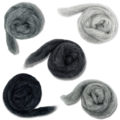 Grey Spectrum Carded Corriedale Wool Sliver Variety Pack