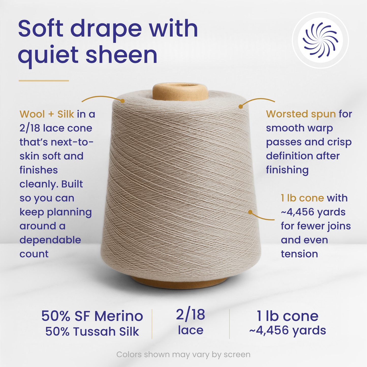 Revolution Fibers Zephira Wool-Silk 1lb Cones | 2/18 Lace Weight Yarn | 50% Superfine Merino Wool & 50% Tussah Silk